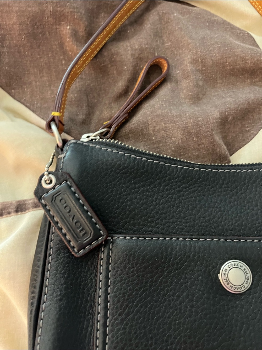 Coach Black Pebbled Leather Wristlet with Brown Strap